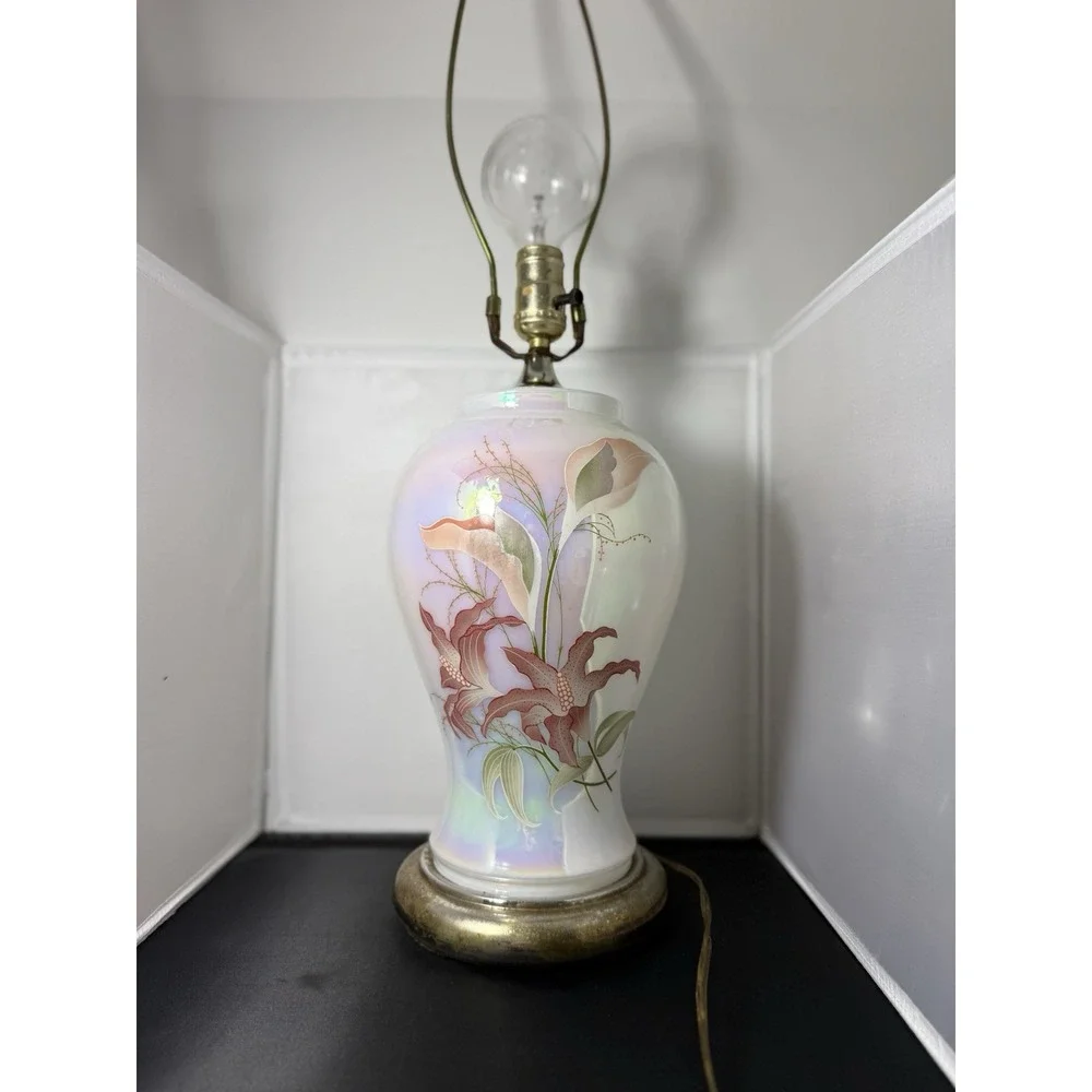Vintage 80s large chinoiserie Floral Table Lamp ginger jar‎ Hollywood Regency